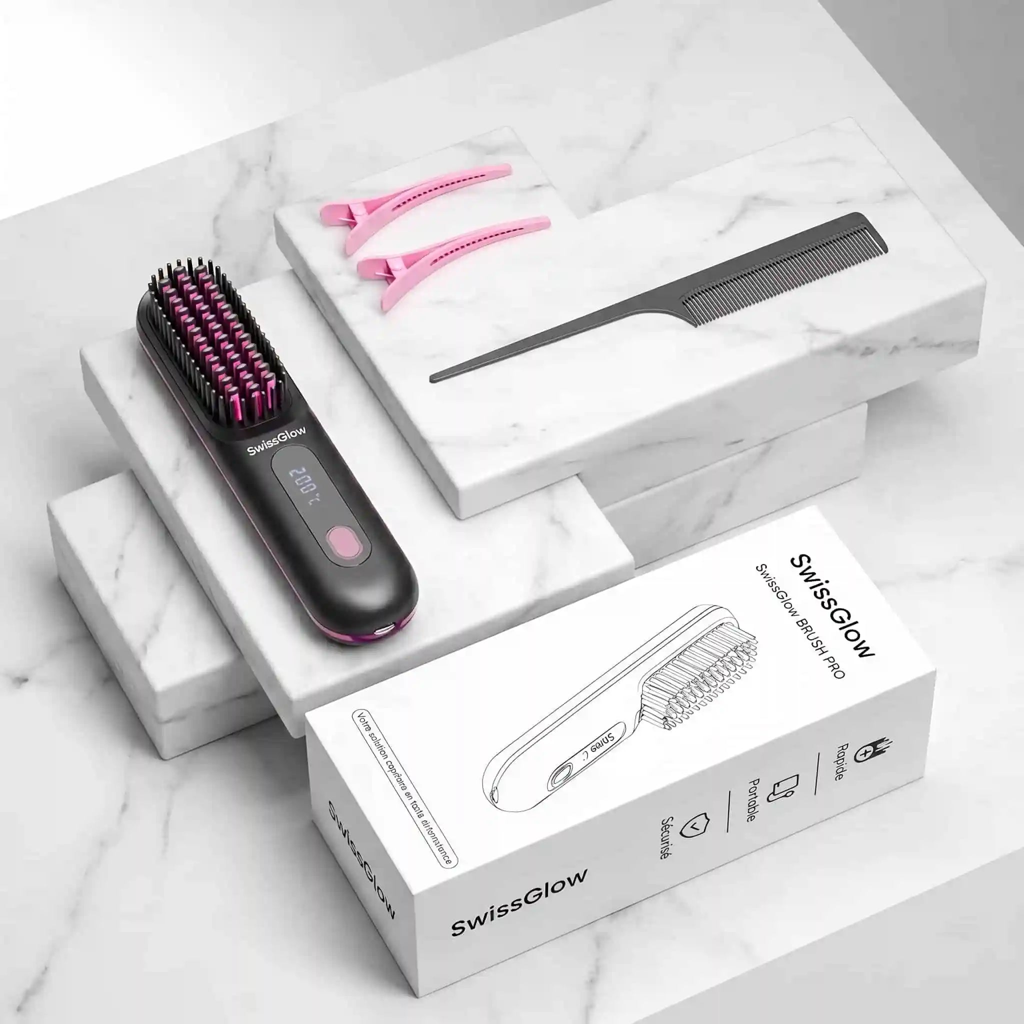 SwissGlow Brush Pro — Cheveux lisses en 5 minutes, sans fil